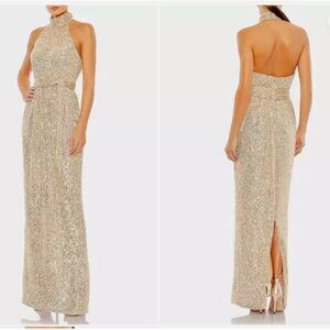 MAC DUGGAL 11281 SEQUINED HALTER NECK BELTED SOFT TIE CHAMPAGNE GOWN sz 6